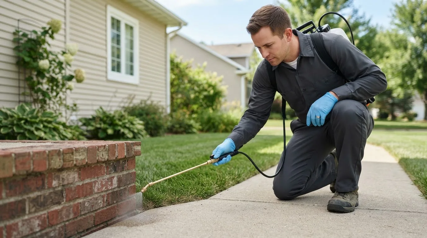 Pest control technician treating a home near Freelandville, IN