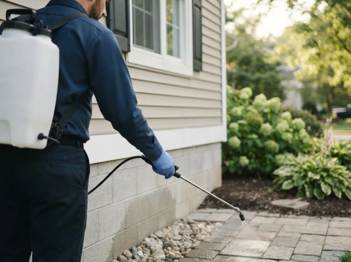 Pest control technician inspecting a home in Freelandville, IN